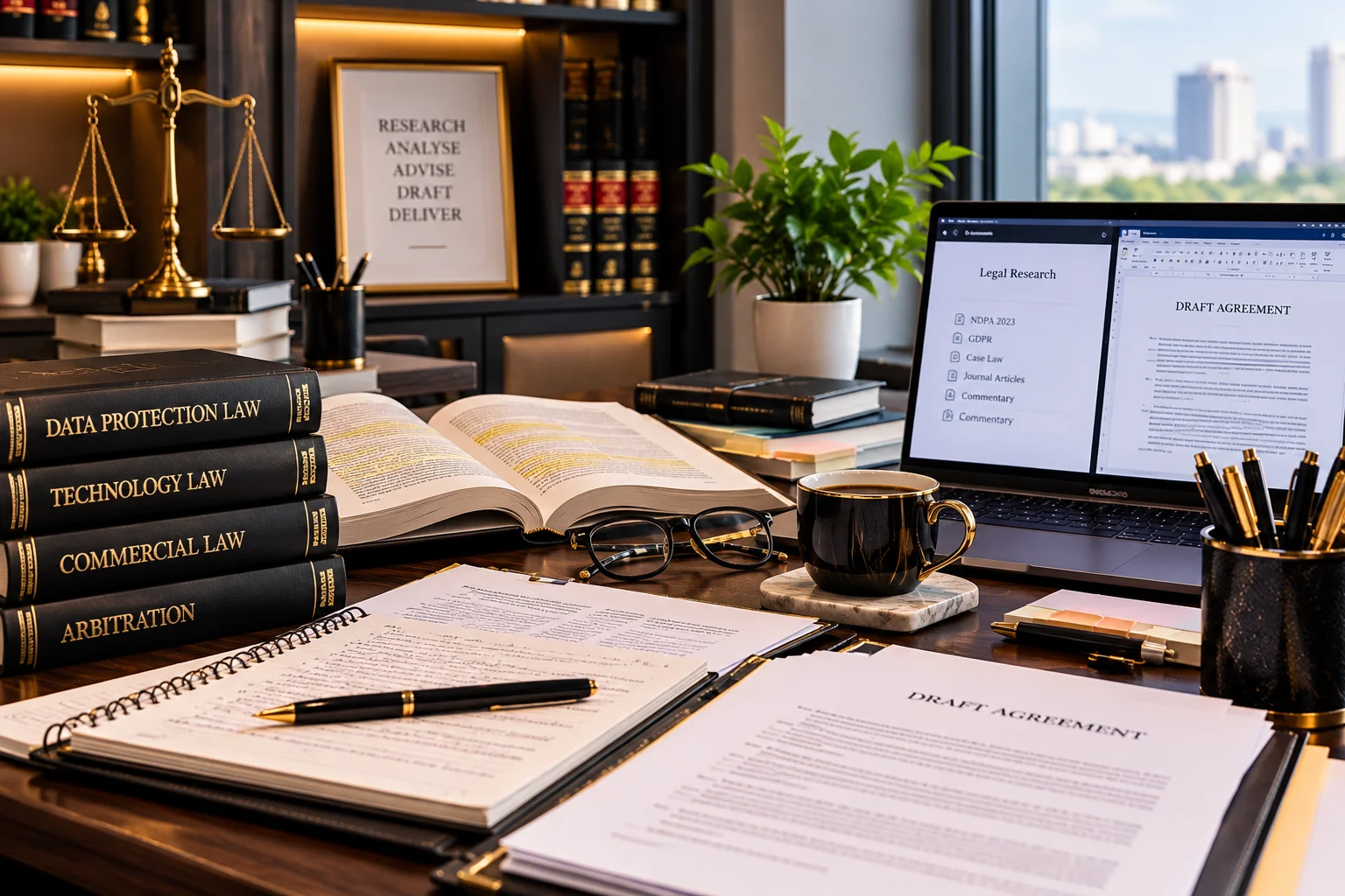 Lawyer reviewing a data protection contract at a desk